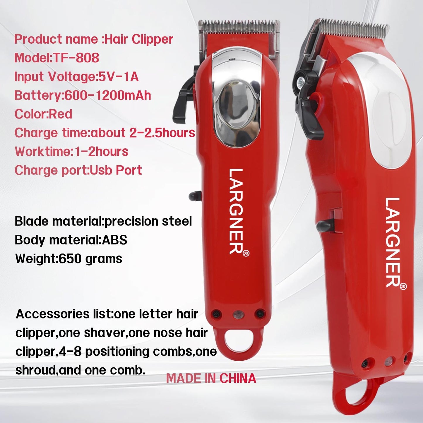 LARGNER 4-Piece Set For Men - Red Hair Clipper, Trimmer, Reciprocating Electric Shaver, And Beard Trimmer With USB Rechargeable Power