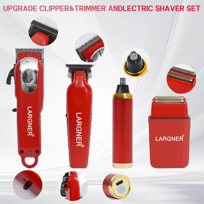 LARGNER 4-Piece Set For Men - Red Hair Clipper, Trimmer, Reciprocating Electric Shaver, And Beard Trimmer With USB Rechargeable Power